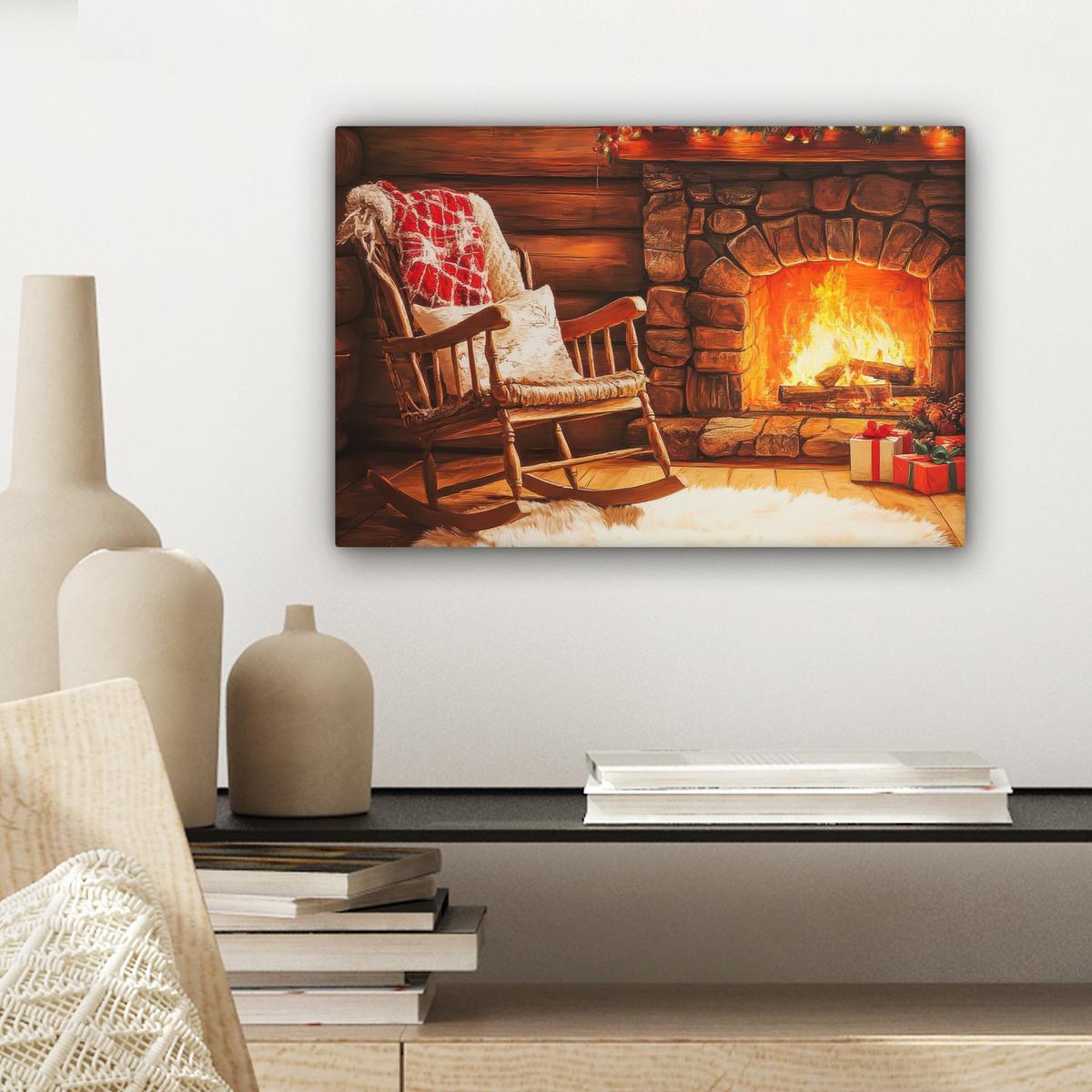 LEINWANDBILD Winter - Weihnachten - Zuhause - Kamin Deko Schlafzimmer 30x20 cm - Bernsteinfarben, Textil (30/20cm) - MuchoWow