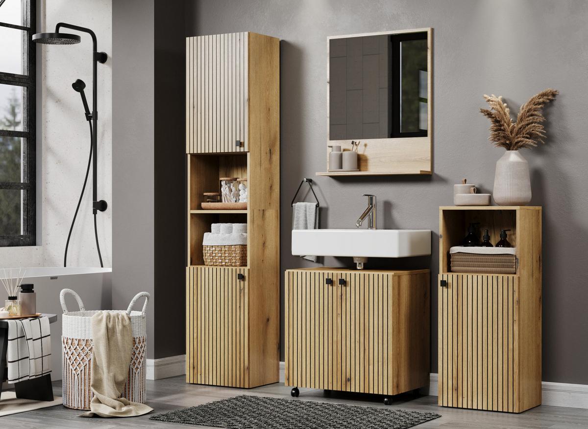 WASCHBECKENUNTERSCHRANK Evoke Eiche 60 cm, Badschrank auf Rollen - Eichefarben/Schwarz, Holzwerkstoff/Kunststoff (60/64/42cm) - Top.Furn