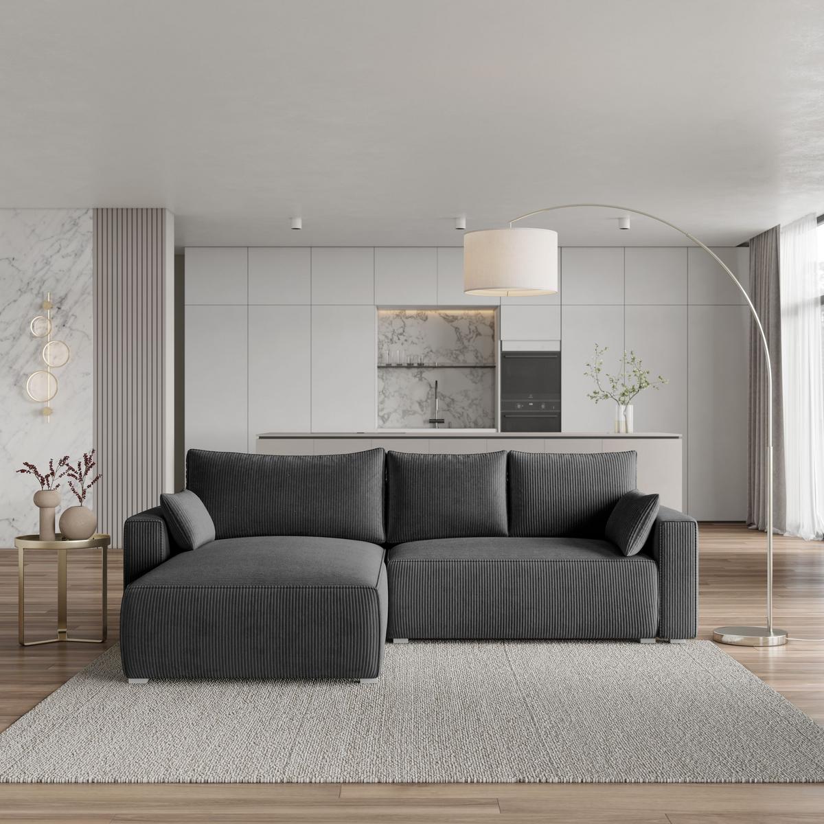 ECKSOFA FORIL P Graphitfarben Kordstoff mit Schlaffunktion - Graphitfarben/Grau, Holz/Kunststoff (265/178cm) - MASSENO