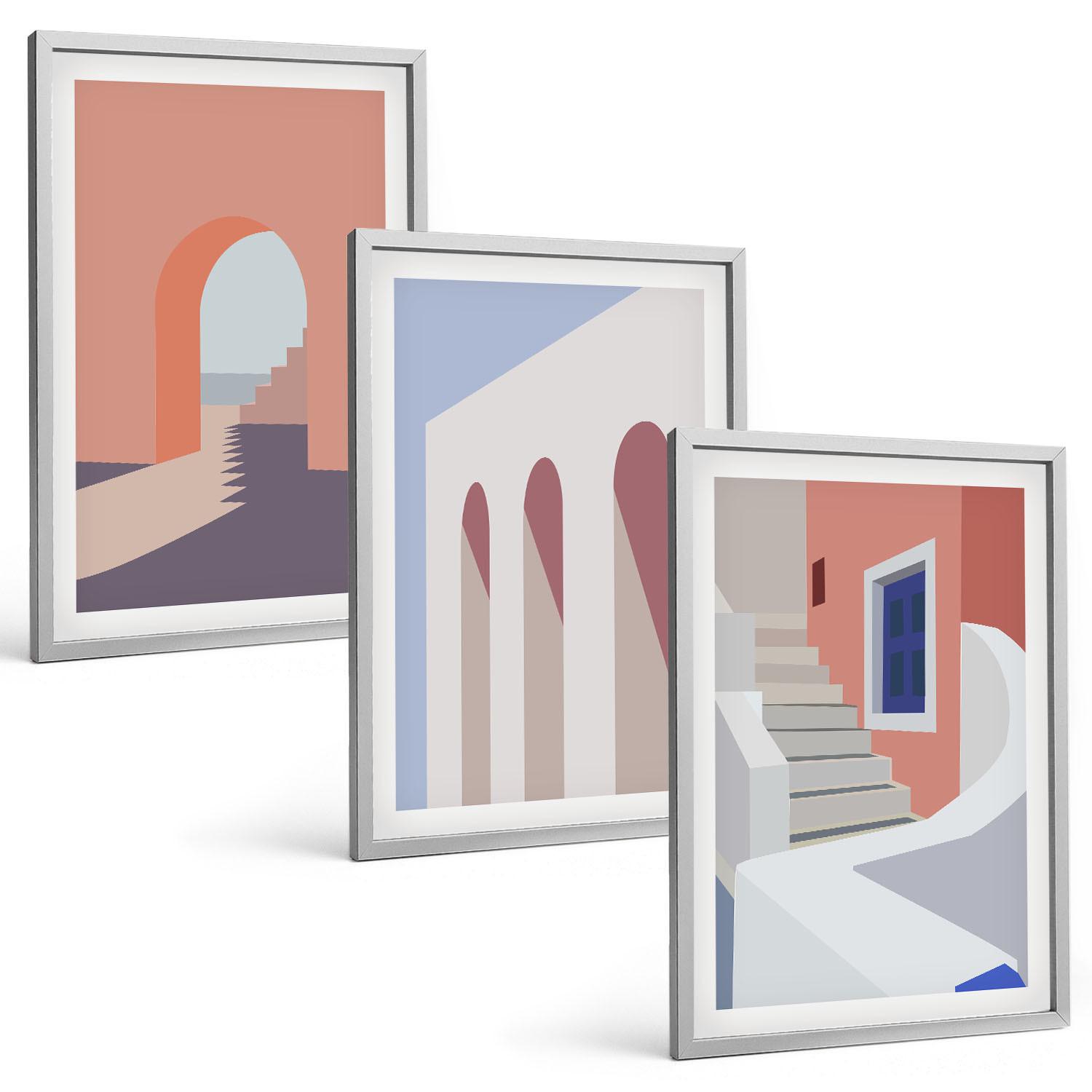 BILDER SET 3er Set - 40x60 cm Silberner Rahmen - Minimalistische Architekturillustrationen - Silberfarben, Kunststoff (40/60cm) - TULUP