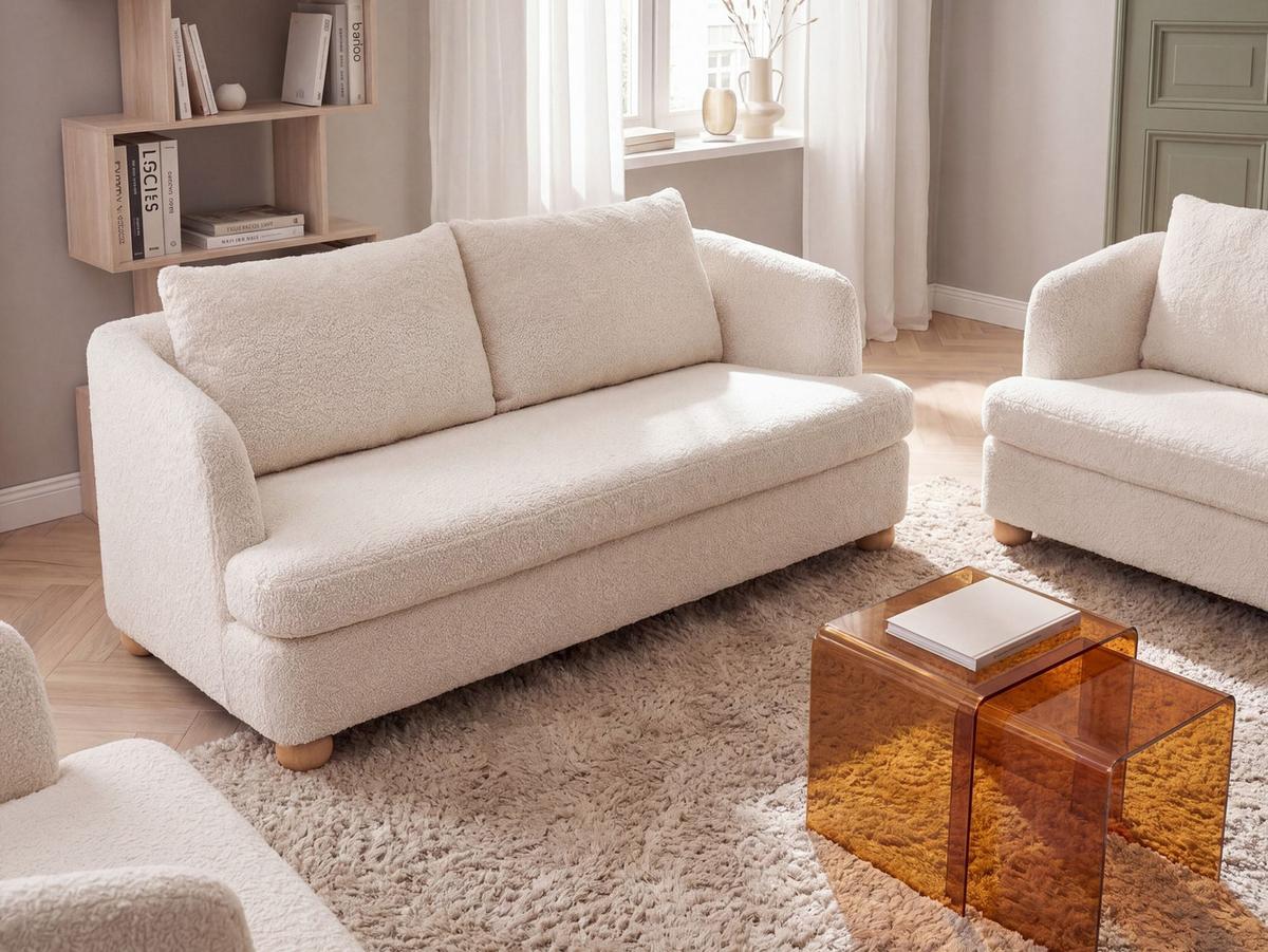 3-SITZER-SOFA Bouclé Cremeweiß Rattvik - Hellbraun, Textil (198/86/82cm) - Beliani