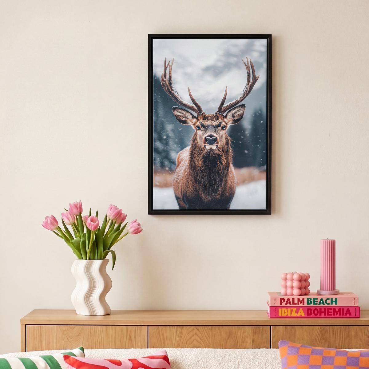 LEINWAND Bilder mit Rahmen - Hirsche - Tiere - Landschaft - Winter - Schnee - 20x30 - Kastanienfarben, Textil (20/30cm) - MuchoWow