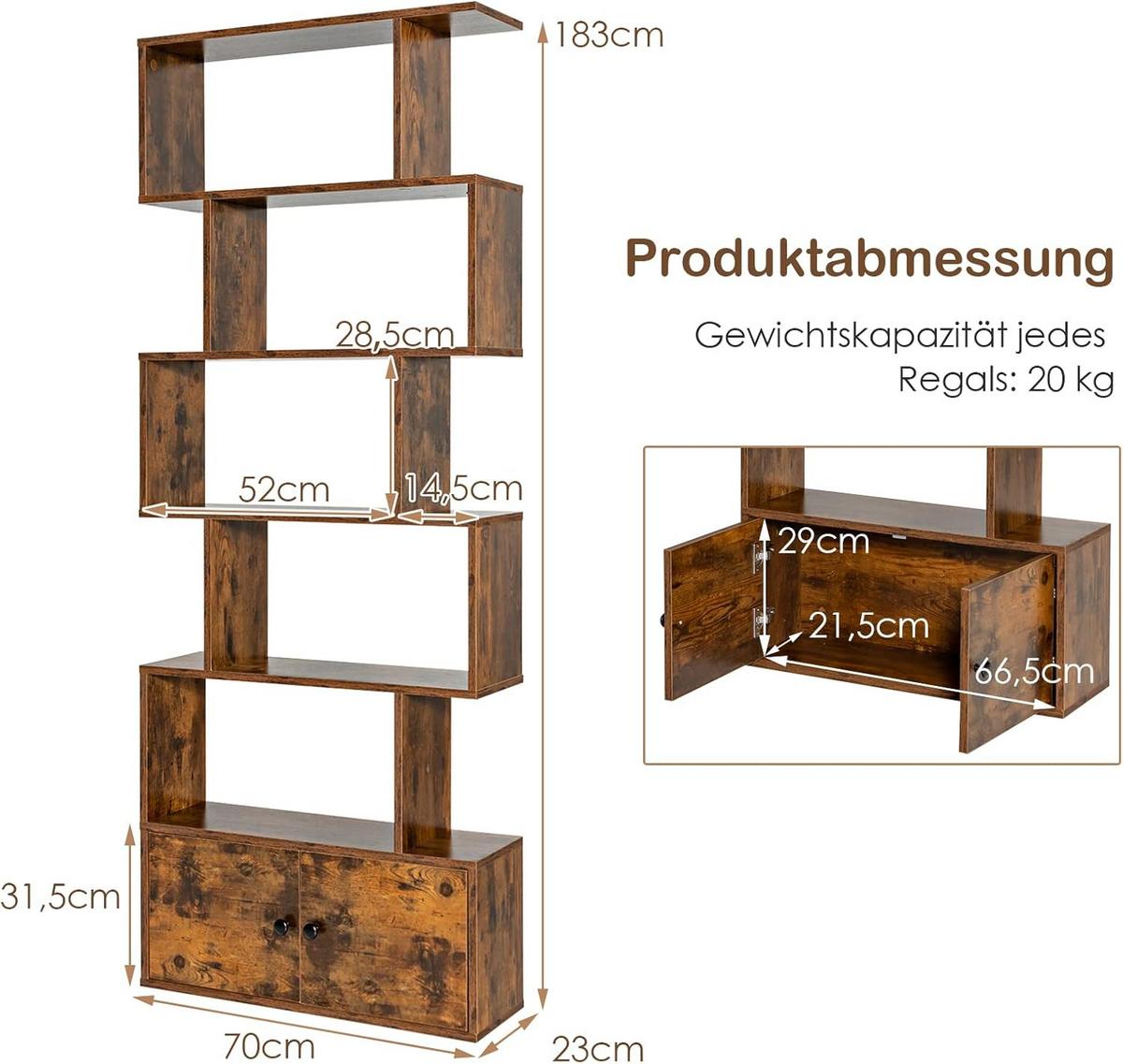 BUCHERREGAL Standregal mit Türen Braun - Braun, Holz (70/183/23cm) - COSTWAY