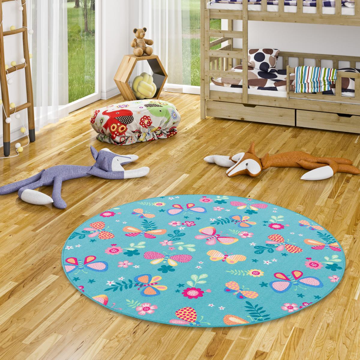 KINDER SPIEL TEPPICH SCHMETTERLING RUND - Türkis, Textil (100/100cm) - Snapstyle