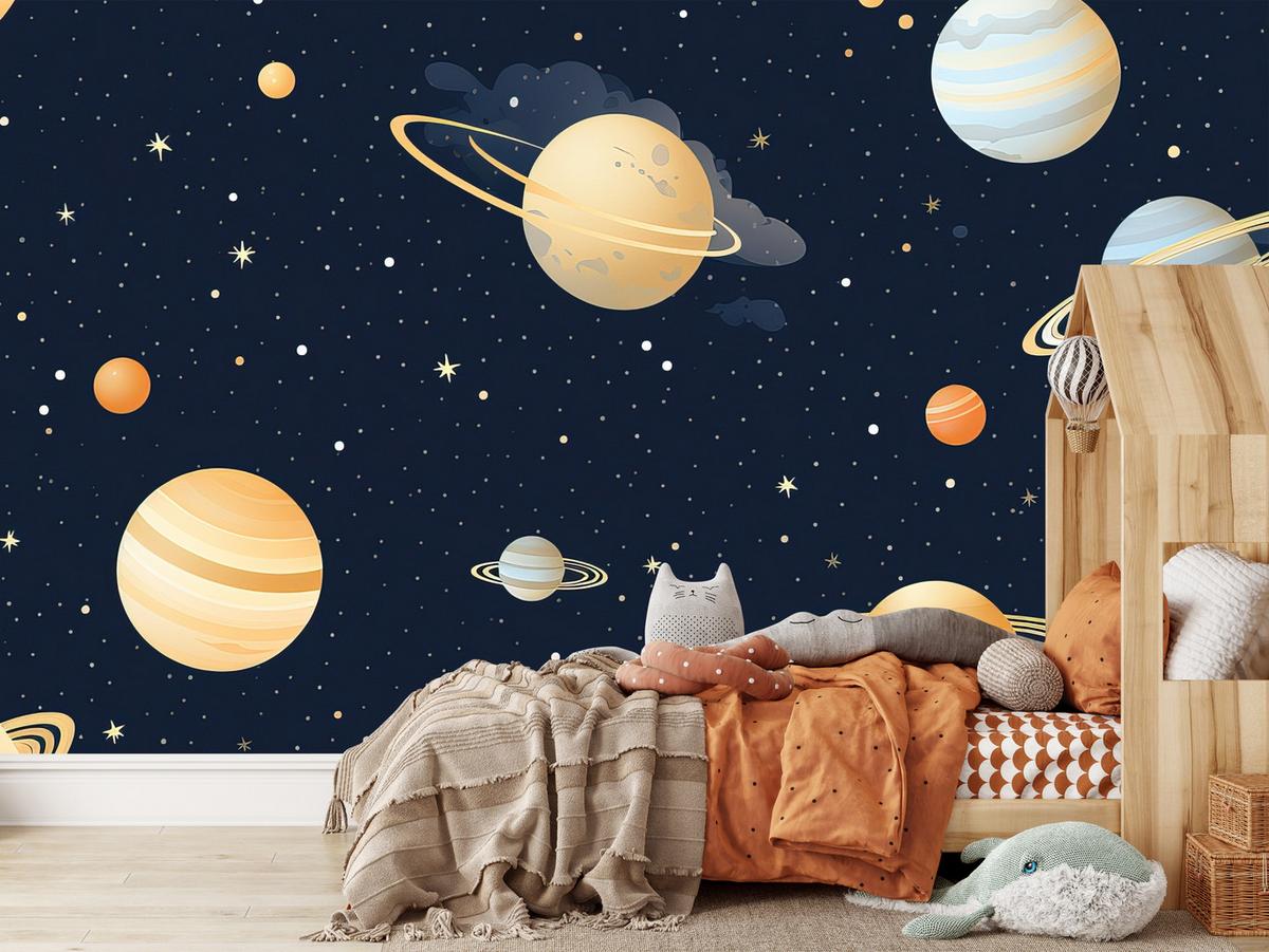FOTOTAPETE für Kinderzimmer Märchen Galaxie Planeten Sterne 500x350 - Blau/Gelb, Papier (500/350cm) - Muralo