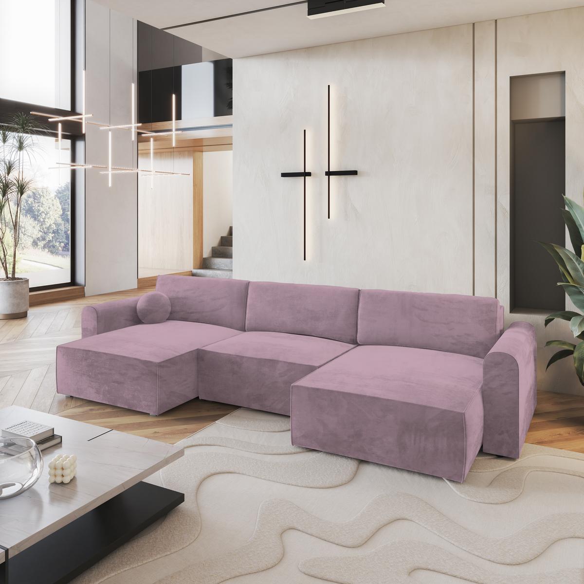 WOHNLANDSCHAFT FENTO M Lila Velours-Stoff mit Schlaffunktion - Lila/Grau, Holz/Kunststoff (347/90/148cm) - MASSENO