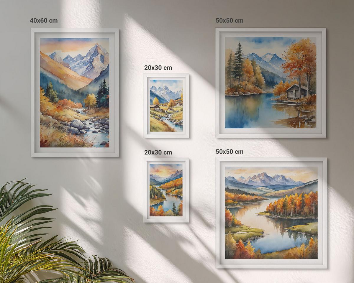 BILDER SET 5er Set - 50x50 cm & 20x30 cm & 40x60 cm Weißer Rahmen - Berglandschaft, Flusshütten - Weiß, Kunststoff (40/60cm) - TULUP