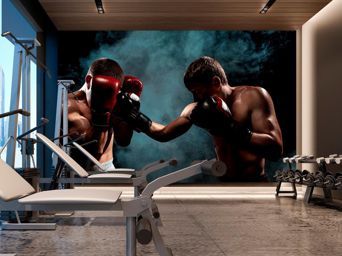 FOTOTAPETE für Jugendzimmer Boxer Männer Training Kampf Rauch 100x70 - Beige/Rot, Papier (100/70cm) - Muralo