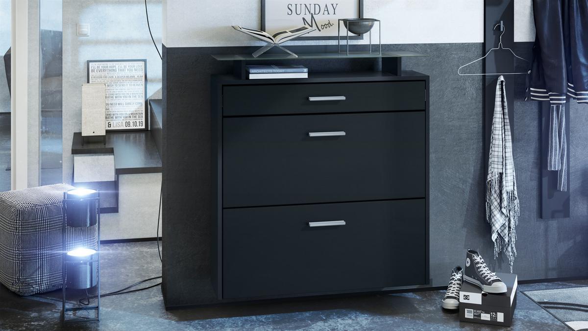 SCHUHSCHRANK Malea Front in Schwarz matt - Schwarz, Holzwerkstoff (89/96/23cm) - Vladon