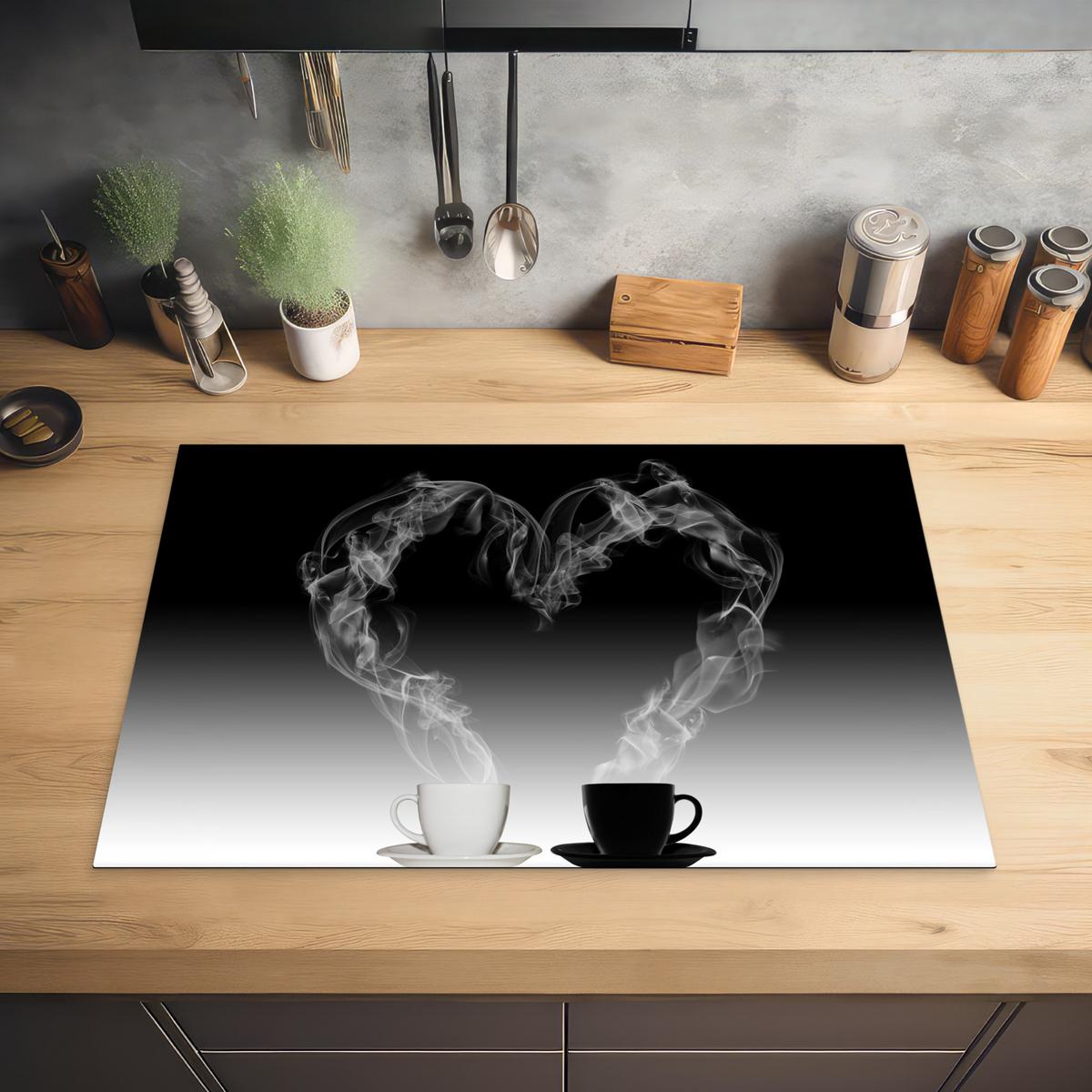 HERDABDECKPLATTE Kaffee - Herz - Schwarz und weiß - Tassen Ceranfeldabdeckung 76x51.5 cm - Weiß, Kunststoff (76/51.5/0.2cm) - MuchoWow