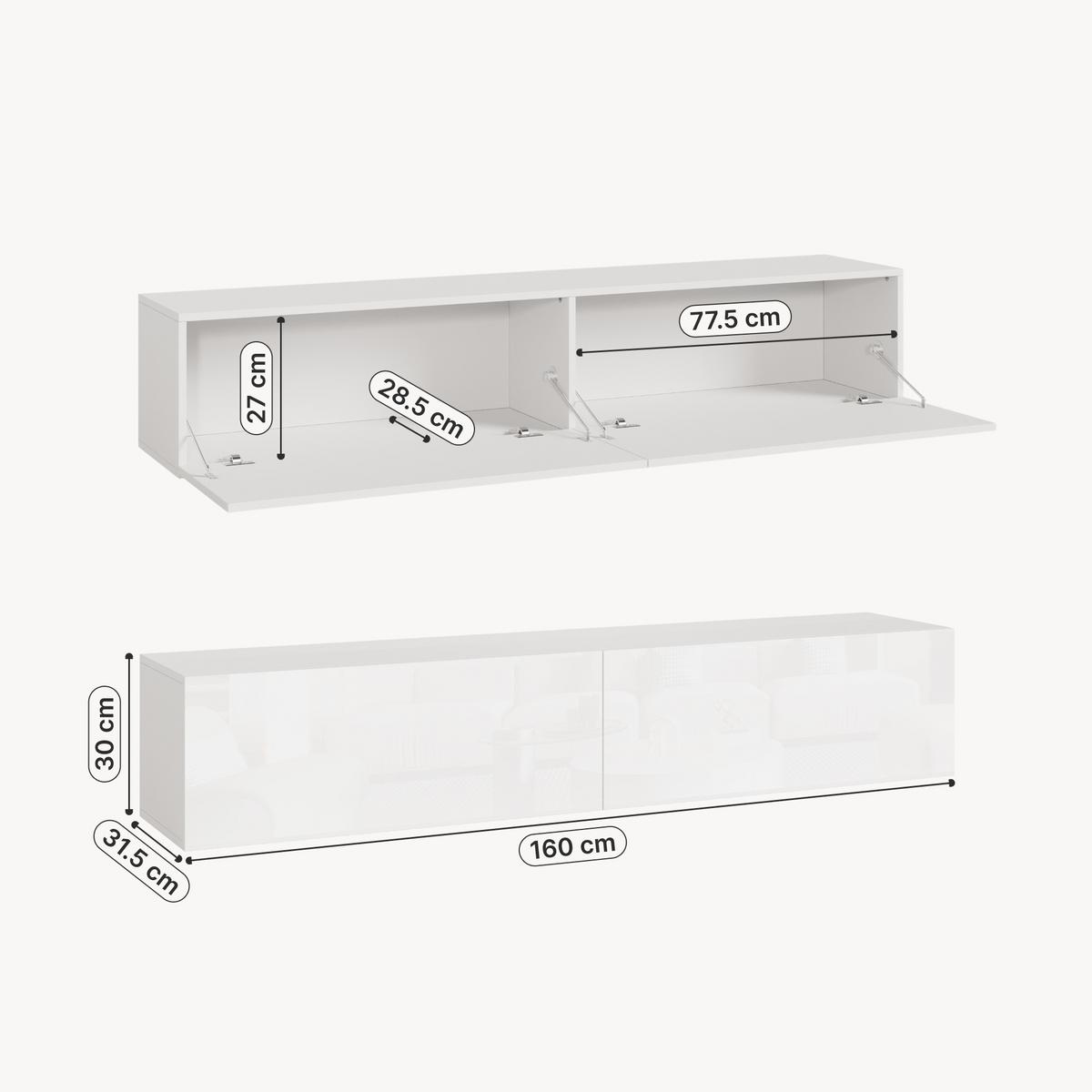 HÄNGELOWBOARD Evaton - Weiß Hochglanz, Holzwerkstoff (160/30/31.5cm) - [en.casa]