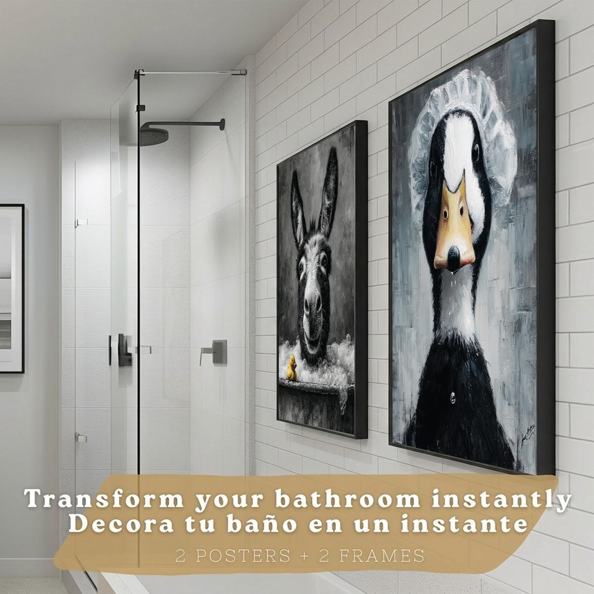 POSTER 2er-Set dekorative Badezimmer-Kunstdrucke, lustige für Wand, Waschbecken, Toilette und mit Tieren in der Badewanner, Stil Schwarzer Rahmen A4 - Schwarz, Papier (29.7/21/3cm) - Nacnic