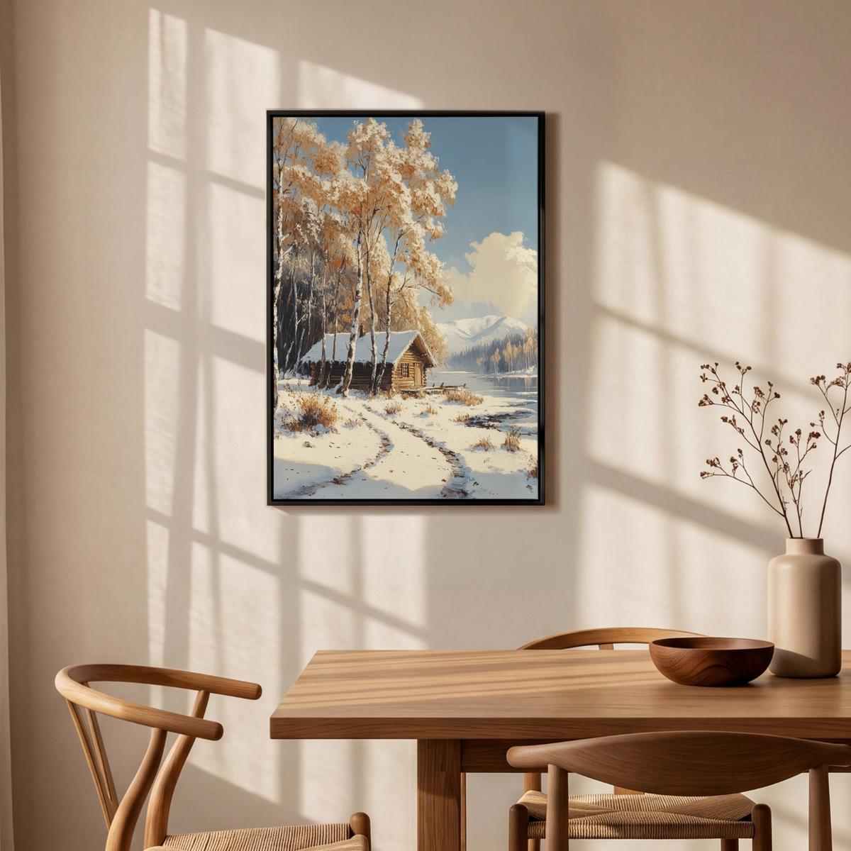 LEINWAND Bilder mit Rahmen - Winter - Schnee - Zuhause - Natur - 60x90 - Hellbraun, Textil (60/90cm) - MuchoWow