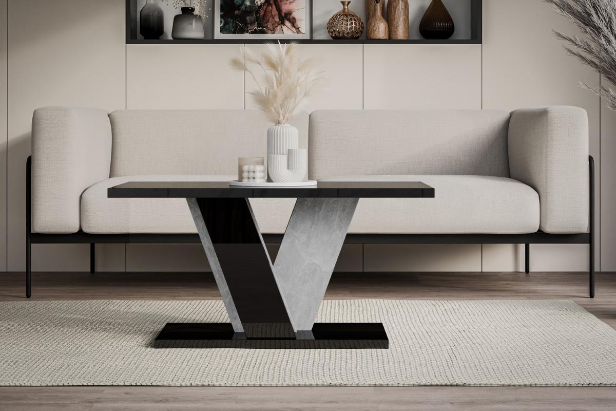 KAFFEETISCH 110x70x60 cm - Hochglanz Schwarz / Betonoptik - INEY - Schwarz Hochglanz, Holzwerkstoff (110/70/60cm) - ALTDECOR