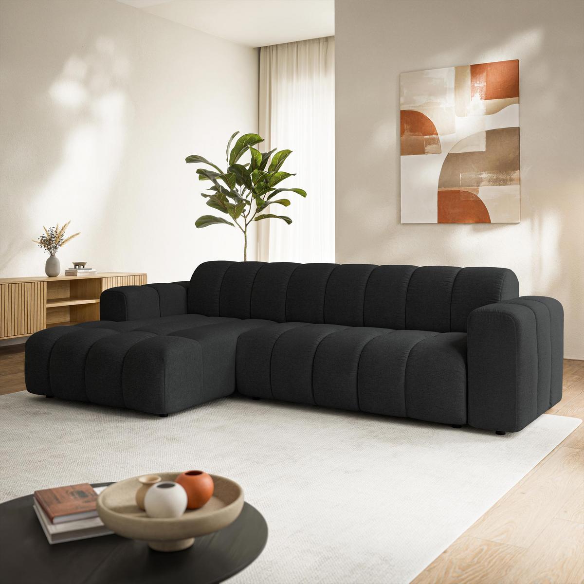 ECKSOFA SETIA Schwarz Strukturstoff mit Schlaffunktion - Schwarz, Holz (304/165cm) - MASSENO