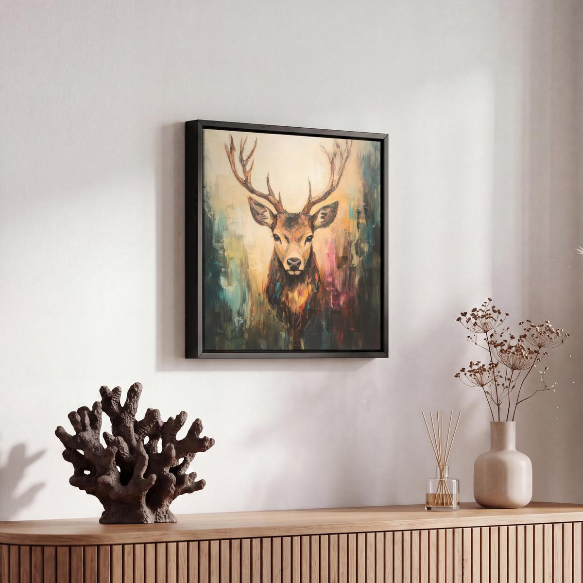 LEINWAND Bilder mit Rahmen - Hirsch - Gemalt - Geweih - Braun - 20x20 - Haselnussfarben, Textil (20/20cm) - MuchoWow
