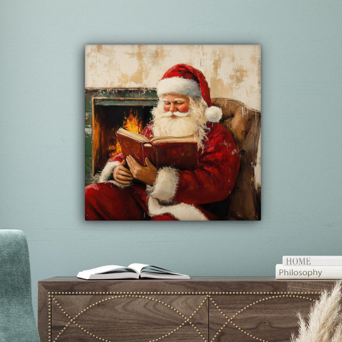 LEINWANDBILD Weihnachten - Weihnachtsmann - Winter - Open Fireside Wandbild Wohnzimmer 50x50 cm - Dunkelrot, Textil (50/50cm) - MuchoWow