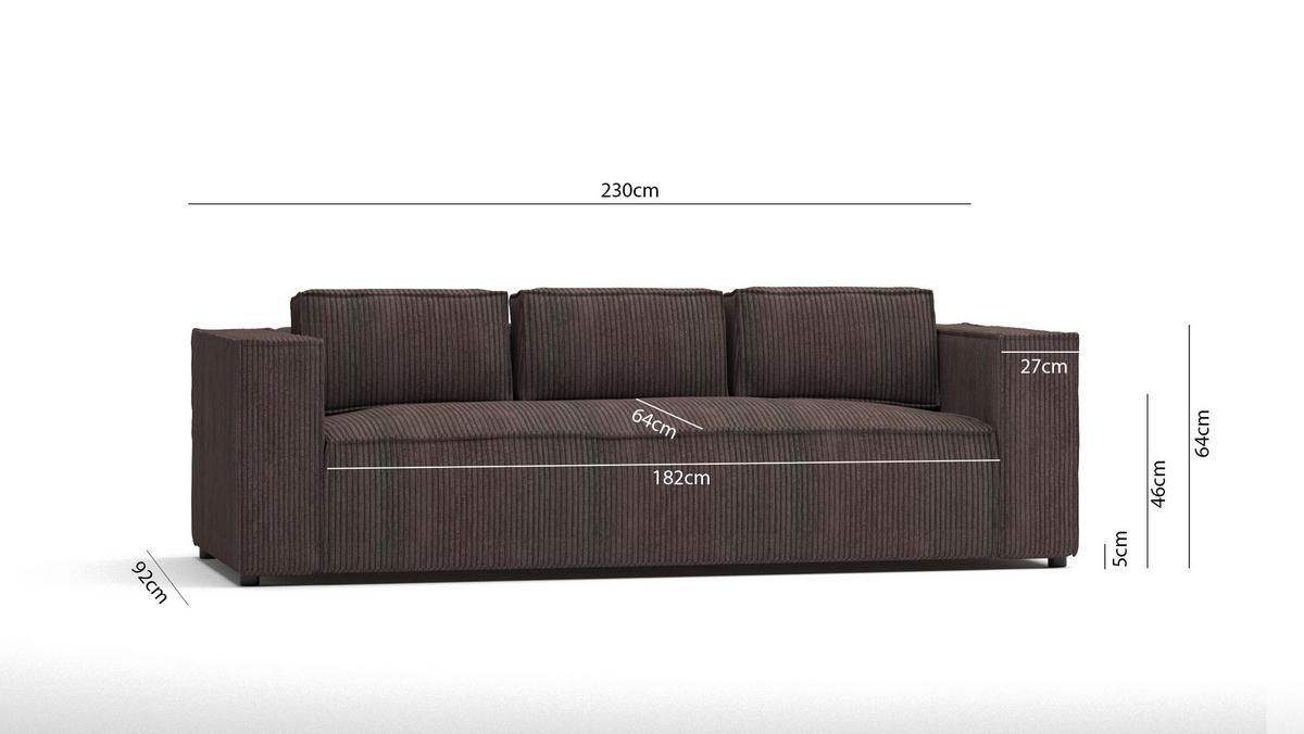 3-SITZER-SOFA Nova Dunkelbraun Cord - Dunkelbraun/Schwarz, Holz/Kunststoff (230/64/92cm) - S-Style Möbel