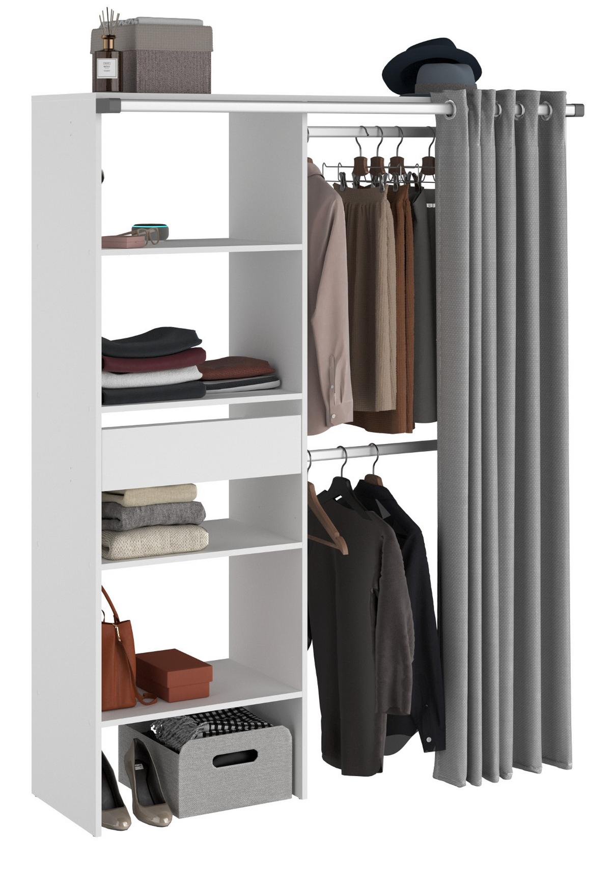KLEIDERSCHRANK weiß, grau, Mehrzweckschrank 143 cm mit Vorhang - Weiß/Grau, Holzwerkstoff/Textil (143/182/48cm) - Parisot Meuble
