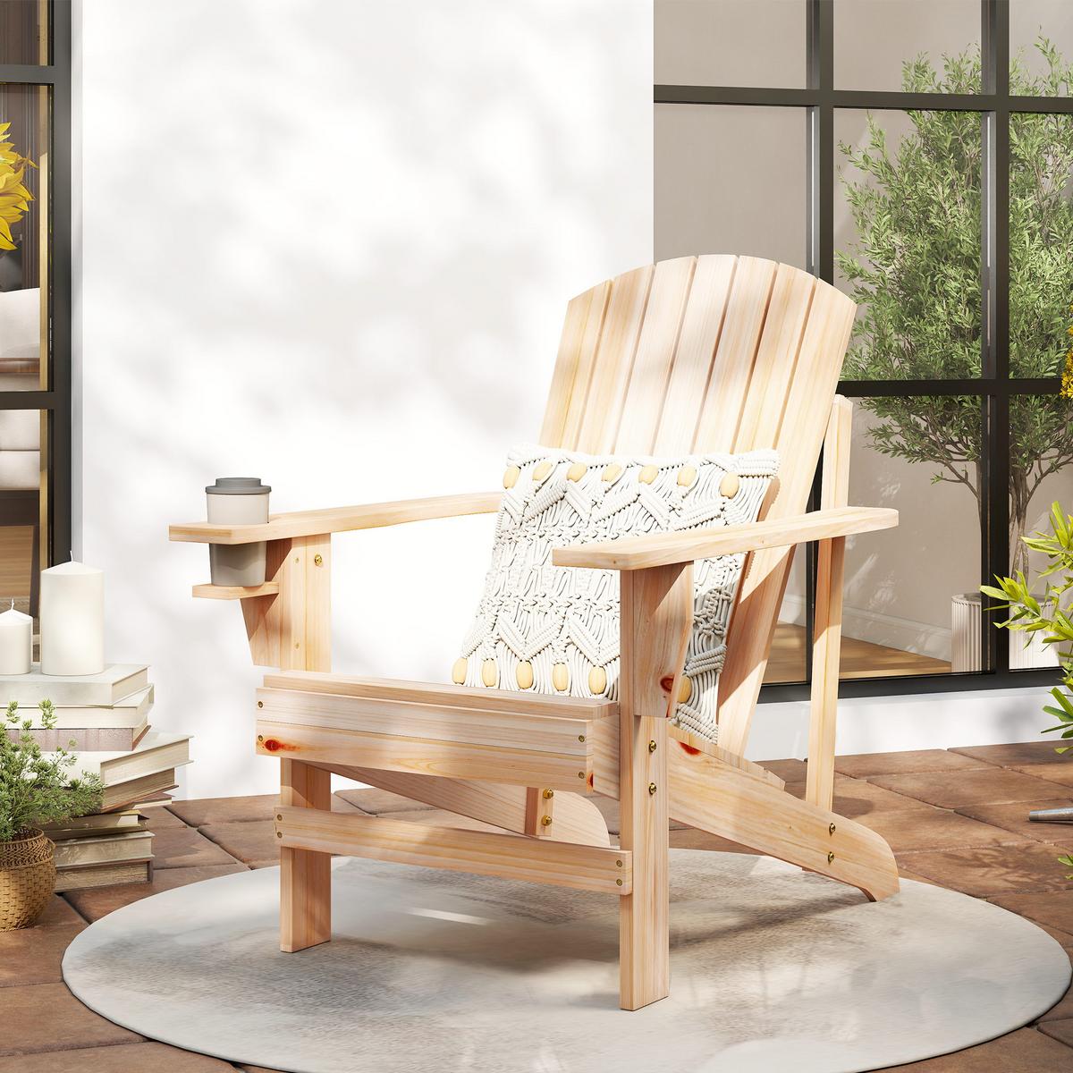 ADIRONDACK-GARTENSTUHL mit Becherhalter Gartenliege Balkonstuhl Massivholz Natur - Fichtefarben, Holz (95/93/72cm) - Outsunny