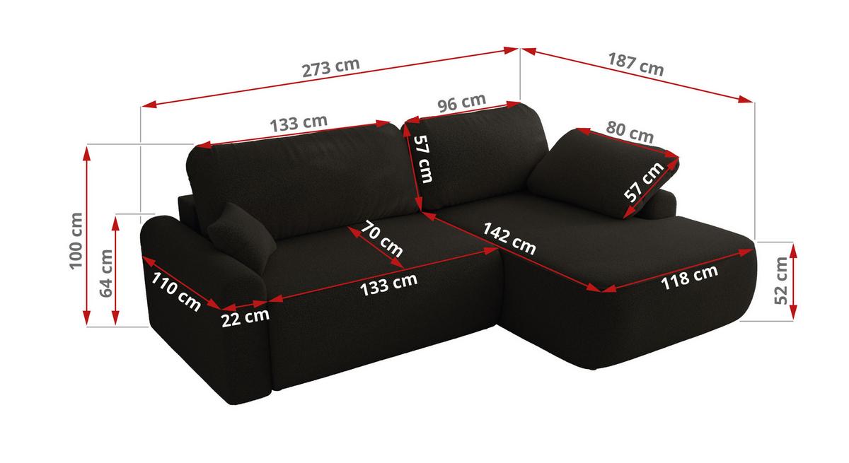 ECKSCHLAFSOFA CUBO L Schwarz Boucle - links - Schwarz, Kunststoff/Textil (273/187cm) - MKS