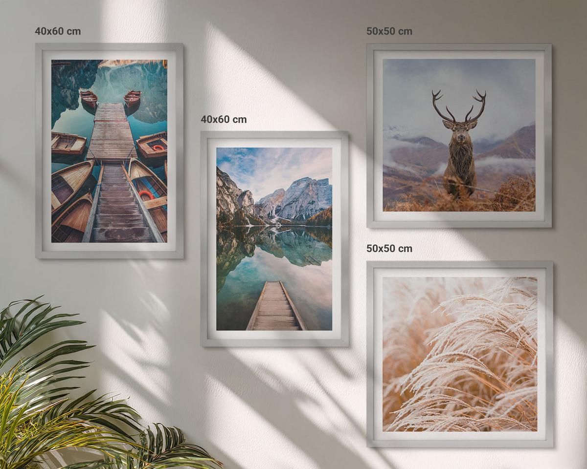 BILDER SET 4er Set - 50x50 cm & 40x60 cm Silberner Rahmen - Seeboote Hirsche Berge - Silberfarben, Kunststoff (50/50cm) - TULUP
