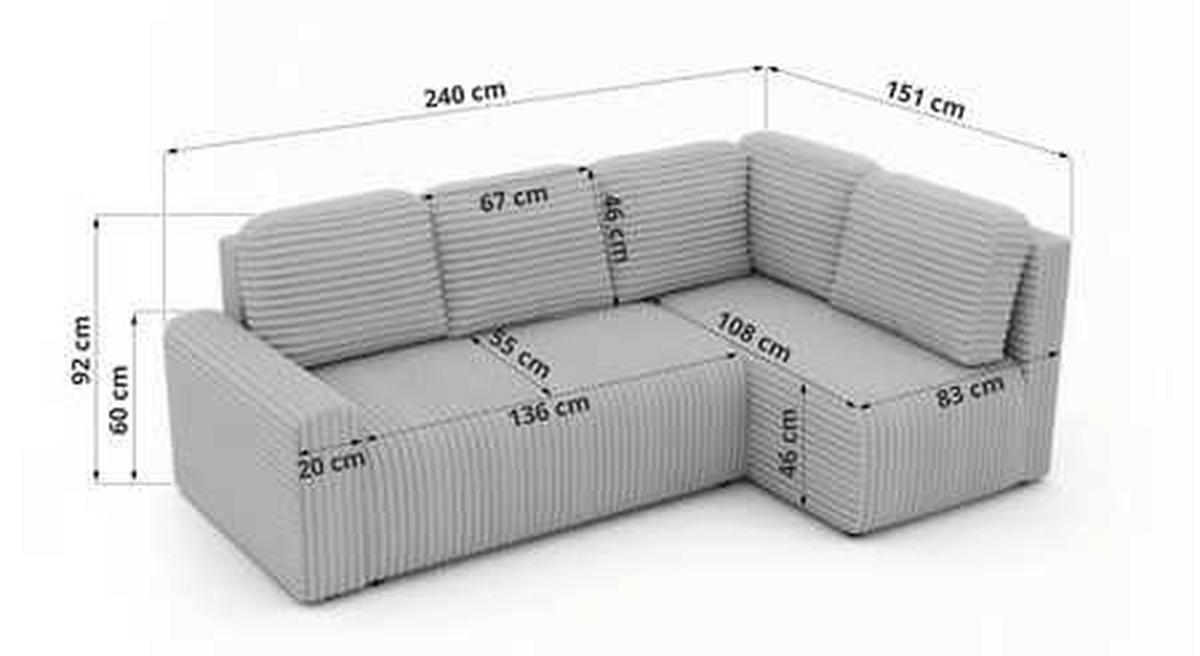 ECKSOFA NESSARO COR L - Grau Cord - Links - Schwarz/Grau, Kunststoff/Textil (151/240cm) - MKS