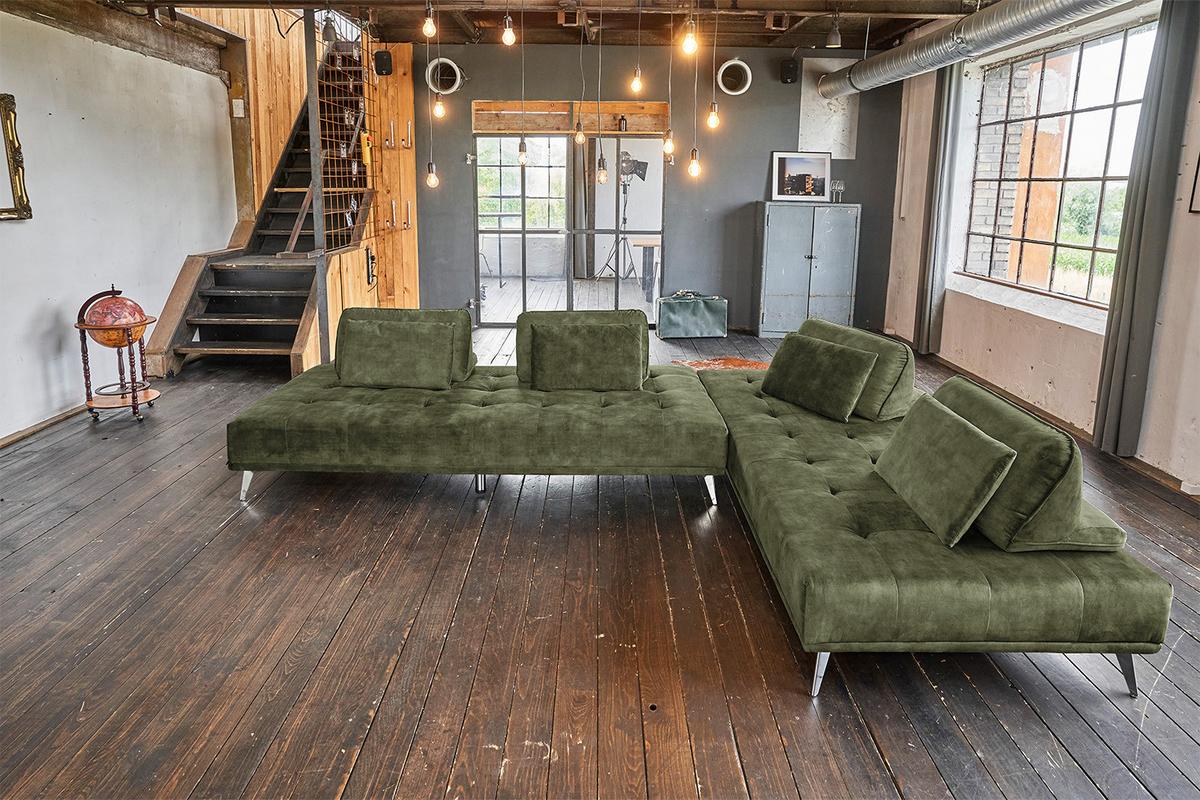 ECKSOFA WIOLO Dunkelgrün Velvet - Dunkelgrün/Silberfarben, Textil/Metall (350/240cm) - KAWOLA