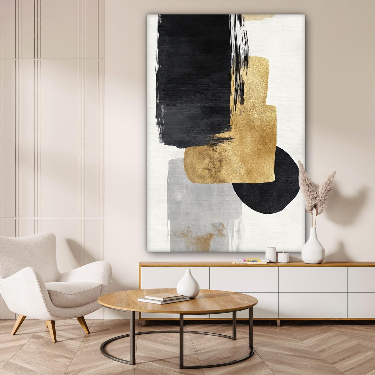 LEINWANDBILD Gold - Rechtecke - Kreise - Abstrakt Deko Groß 90x140 cm - Weiß, Textil (90/140cm) - MuchoWow