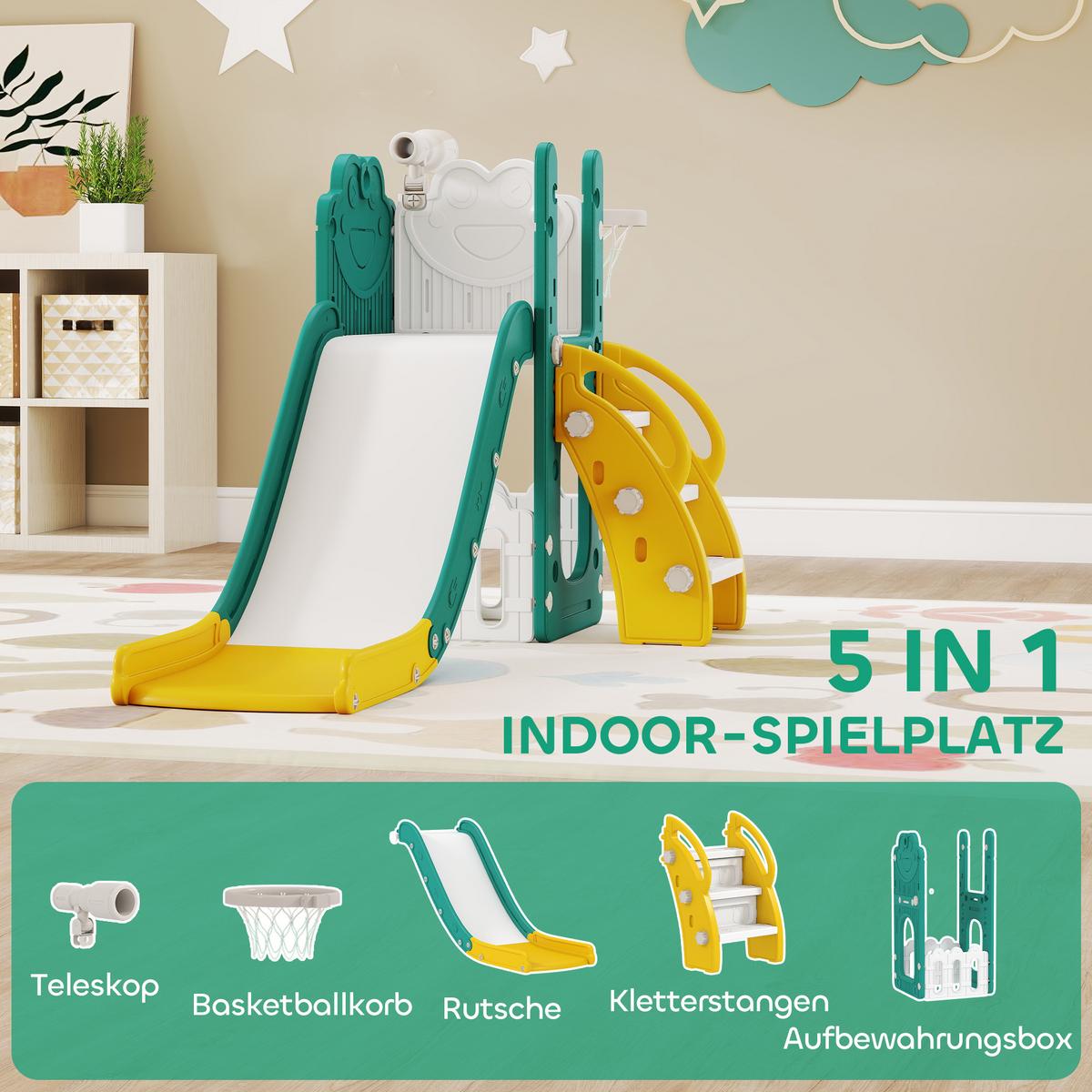 KINDERRUTSCHE 5 in 1 Indoor und Outdoor Babyrutsche mit Basketballkorb, Gelb - Gelb, Kunststoff (70/86/178cm) - AIYAPLAY