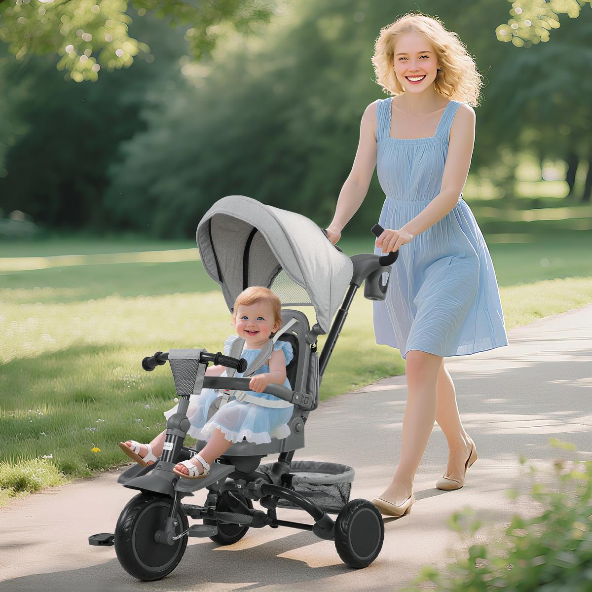 DREIRAD 6in1 mit Schubstange für 1-5 Jahre Kinderdreirad mit drehbarem Sitz Grau - Grau, Metall (111.5/52/98cm) - AIYAPLAY