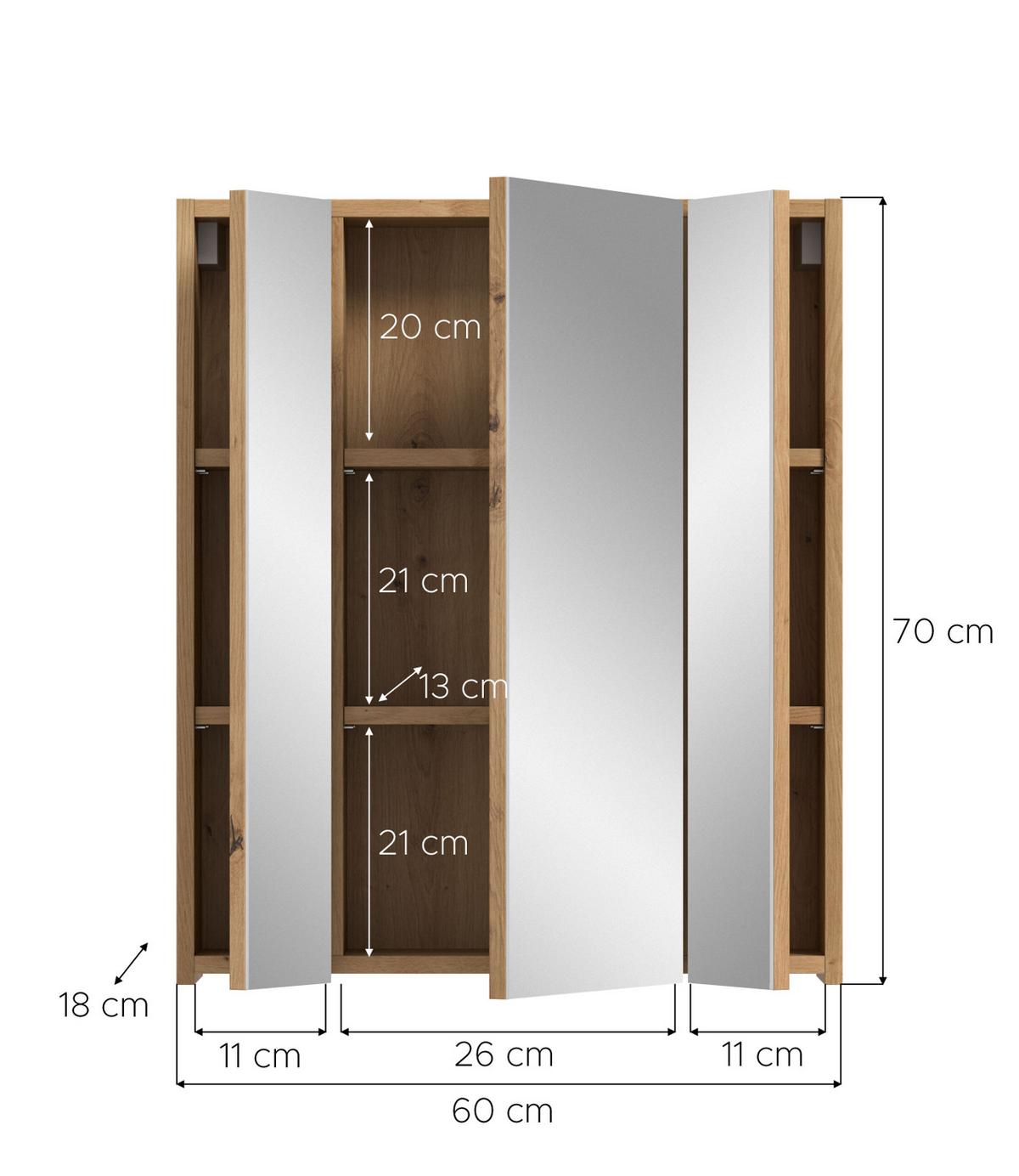 SPIEGELSCHRANK Artisan Eiche, Badschrank 3-türig, 60 x 70 cm - Eiche Artisan, Glas/Holzwerkstoff (60/70/18cm)