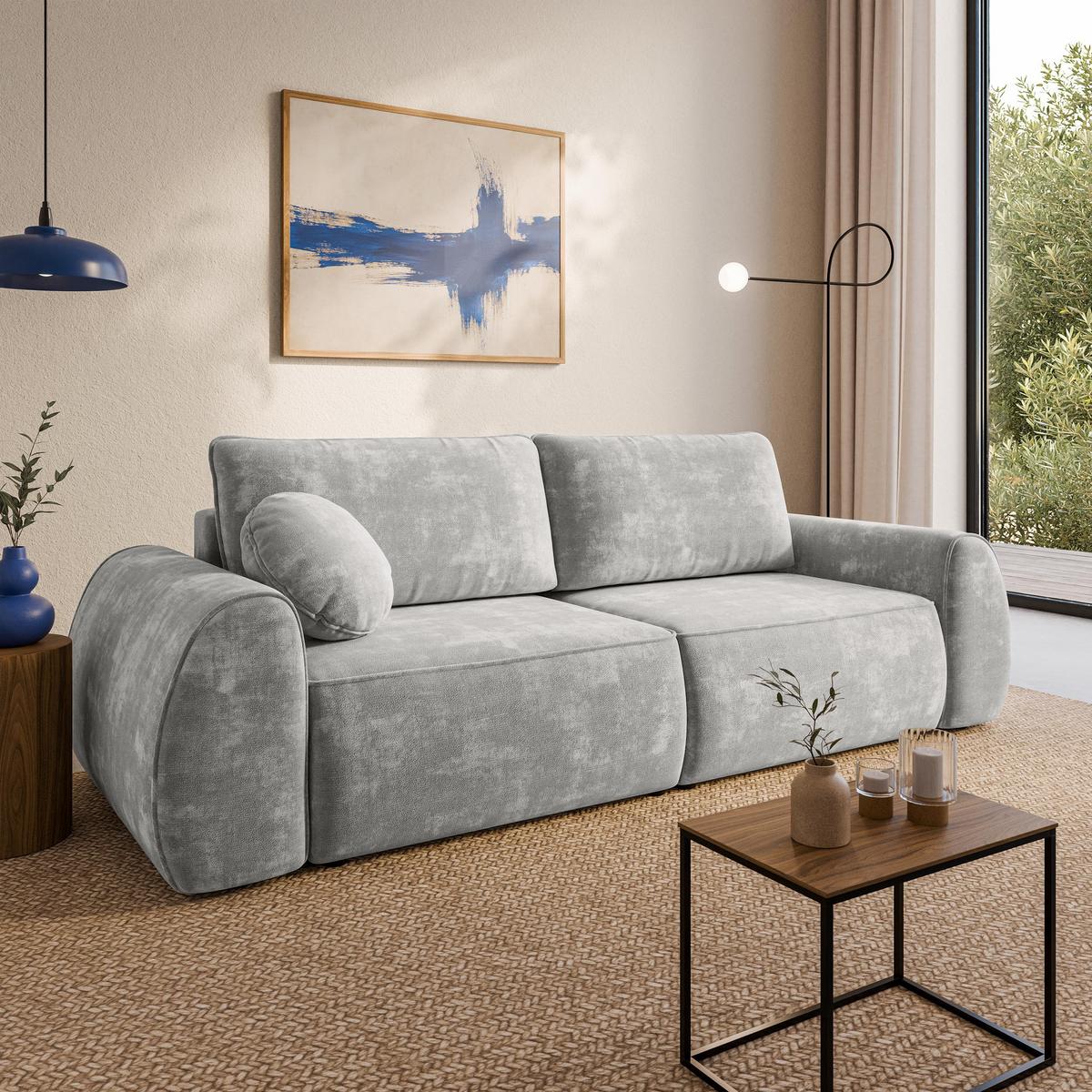 BETTSOFA ZEFEO Hellgrau Chenille-Stoff mit Schlaffunktion - Hellgrau, Textil (264/96/106cm) - MASSENO