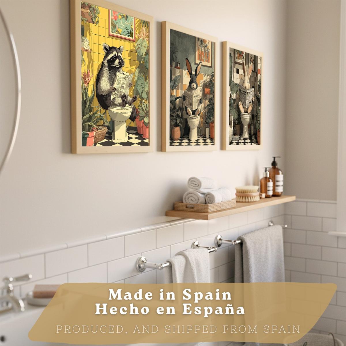 POSTER 3er-Set Tierdrucke im Badezimmer, lustige Waschbär Kaninchen-Dekorationsbilder im modernen Vintage-Stil für und Toilette Leichter Holzrahmen A4 - Beige, Papier (29.7/21/3cm) - Nacnic