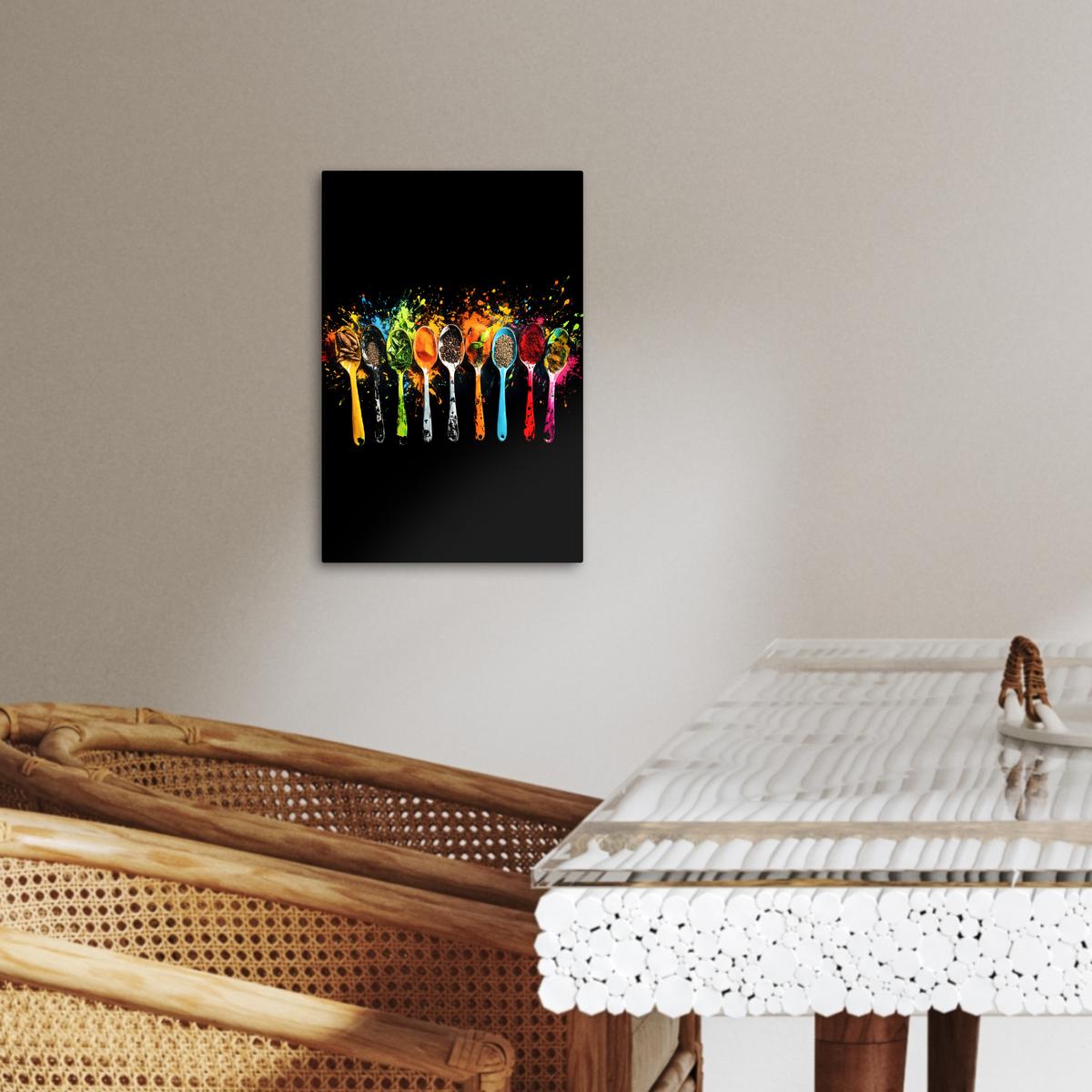 LEINWANDBILD Löffel - Gewürze - Modern - Graffiti - Farbe - Farbenfroh Deko Wohnzimmer 20x30 cm - Multicolor, Textil (20/30cm) - MuchoWow