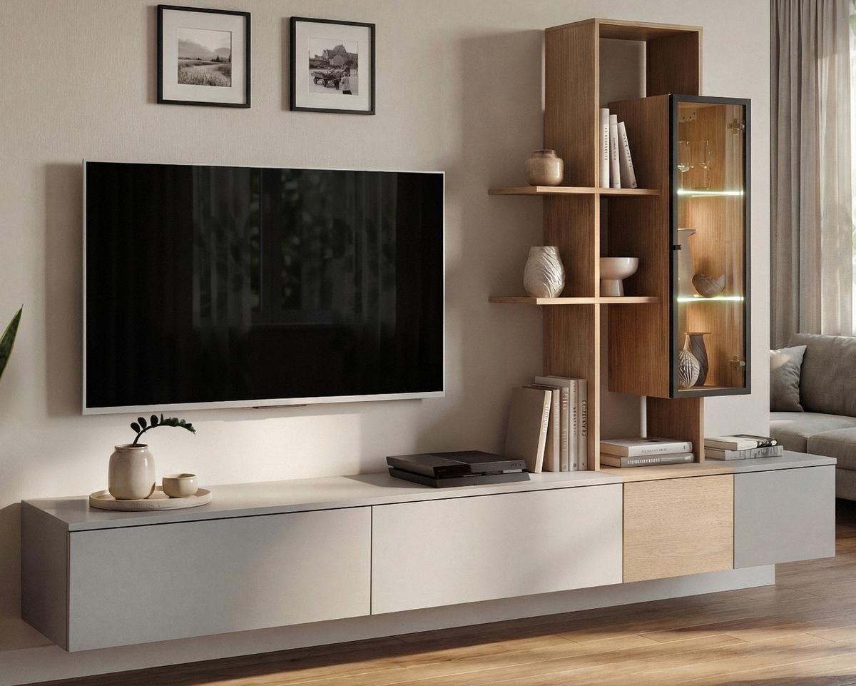WOHNWAND Arktis-Grau, Cremona Eiche hängend 240 cm, Schrankwand mit LED und Push-to-Open - Eichefarben/Hellgrau, Glas/Holzwerkstoff (240/160/40cm) - Inn.Furn