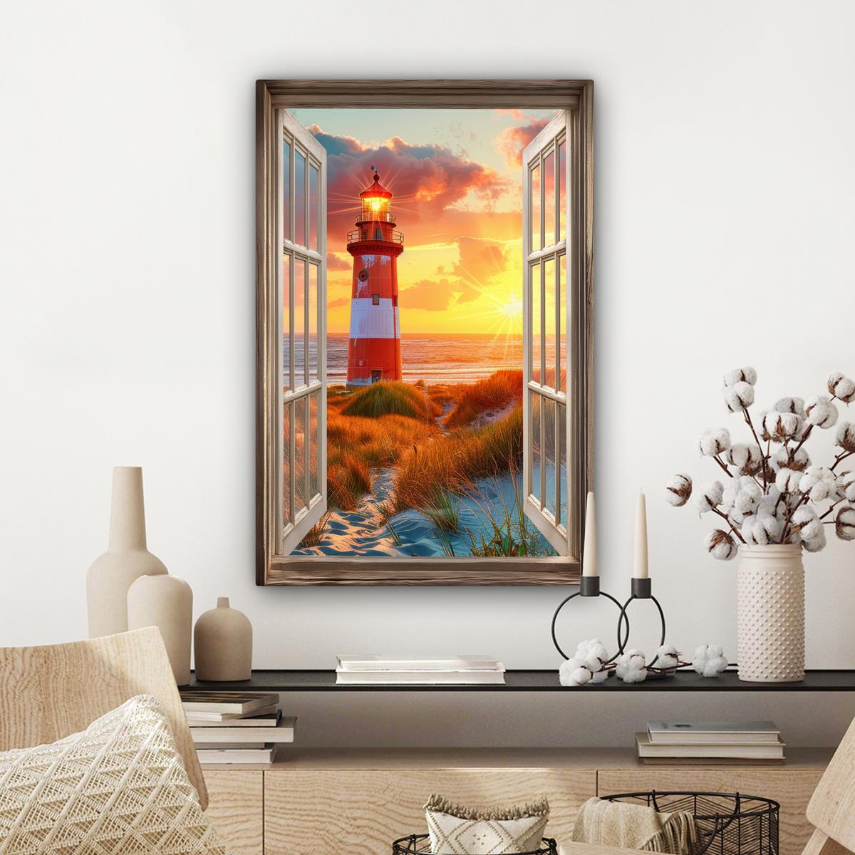 LEINWANDBILD Aussicht - Fenster - Leuchtturm - Sonnenuntergang - Strand Wanddeko 40x60 cm - Dunkelorange, Textil (40/60cm) - MuchoWow