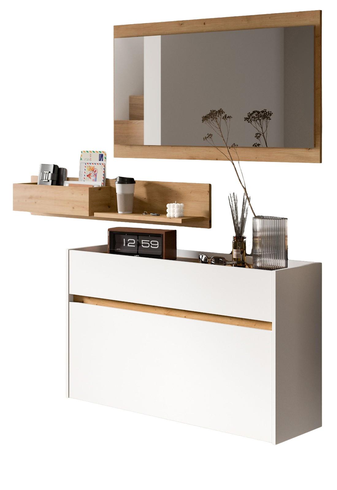 GARDEROBE-SET weiß und Artisan Eiche, Garderobe 3-teilig, 140 x 197 cm, Borga - Weiß/Eiche Artisan, Holzwerkstoff (140/197/32cm) - Inn.Furn