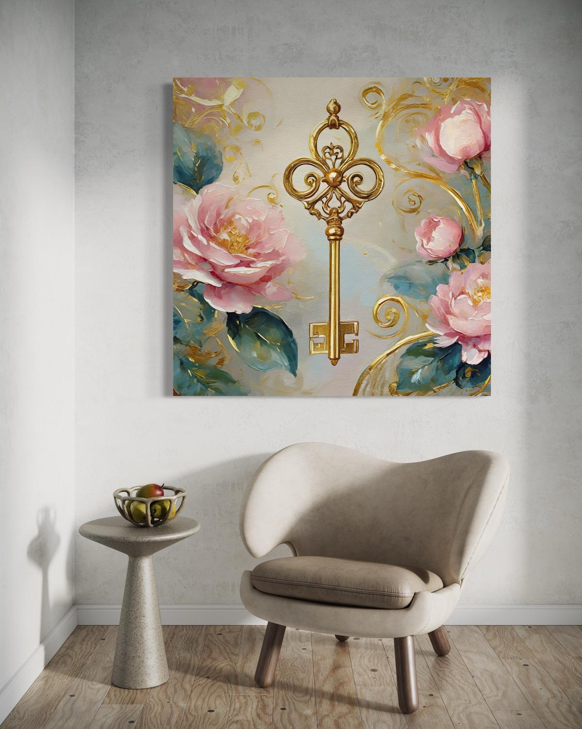 WANDBILD schlüssel gold glamour rosen - Pink, Textil (30/30cm) - Feeby