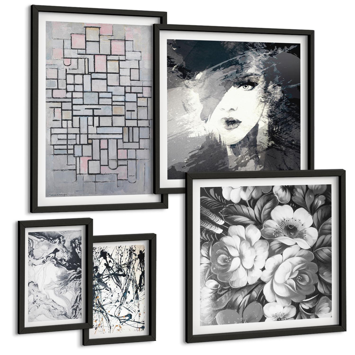 BILDER SET 5er Set - 50x50 cm & 20x30 cm & 40x60 cm Schwarzer Rahmen - Abstrakte schwarz-weiße Muster - Schwarz, Kunststoff (40/60cm) - TULUP
