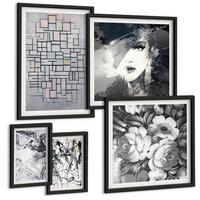BILDER SET 5er Set - 50x50 cm & 20x30 cm & 40x60 cm Schwarzer Rahmen - Abstrakte schwarz-weiße Muster - Schwarz, Kunststoff (40/60cm) - TULUP