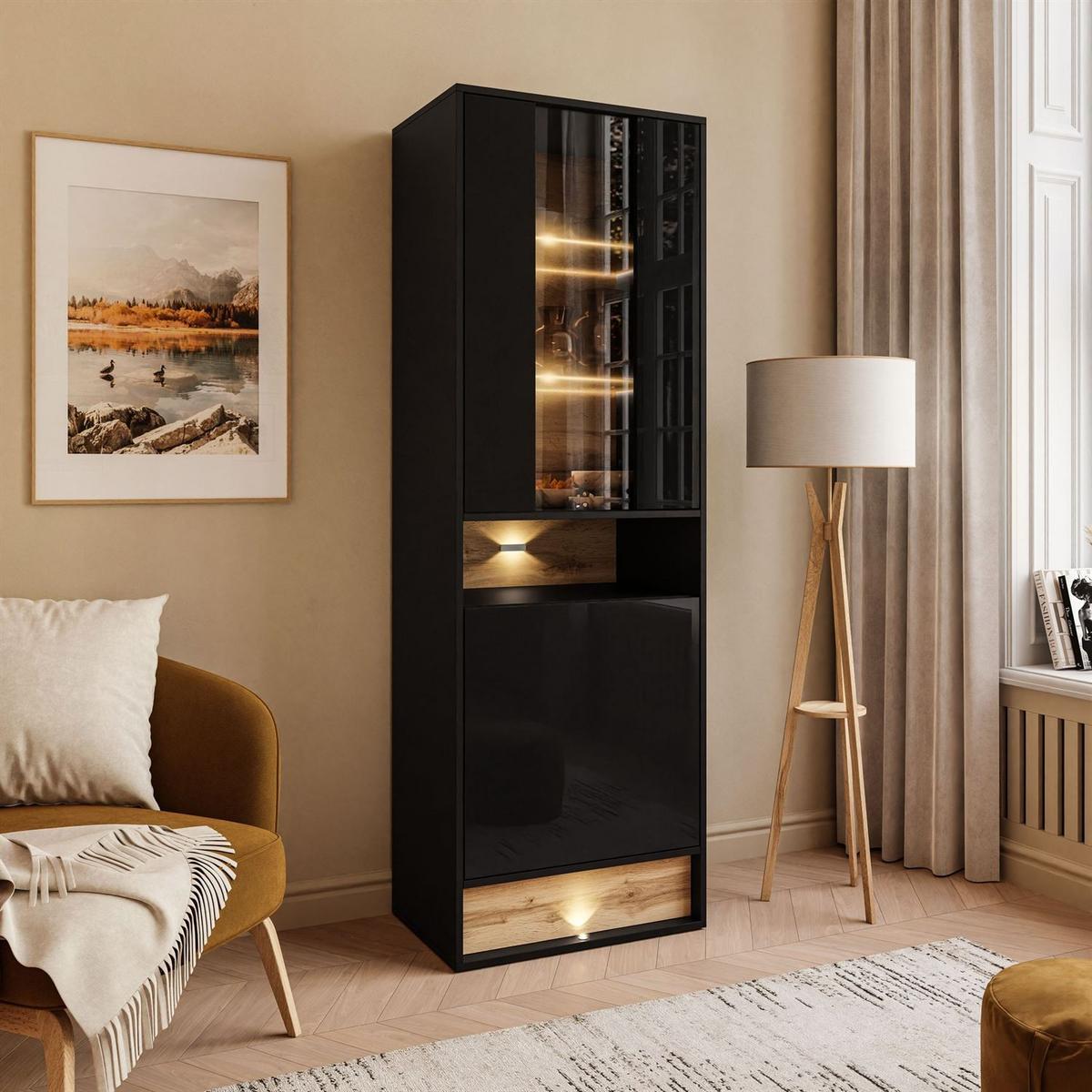 VITRINE VILLA II mit Wotan Eicheneinsatz - Eiche Wotan/Schwarz, Holzwerkstoff (60/180/40cm) - Lookway