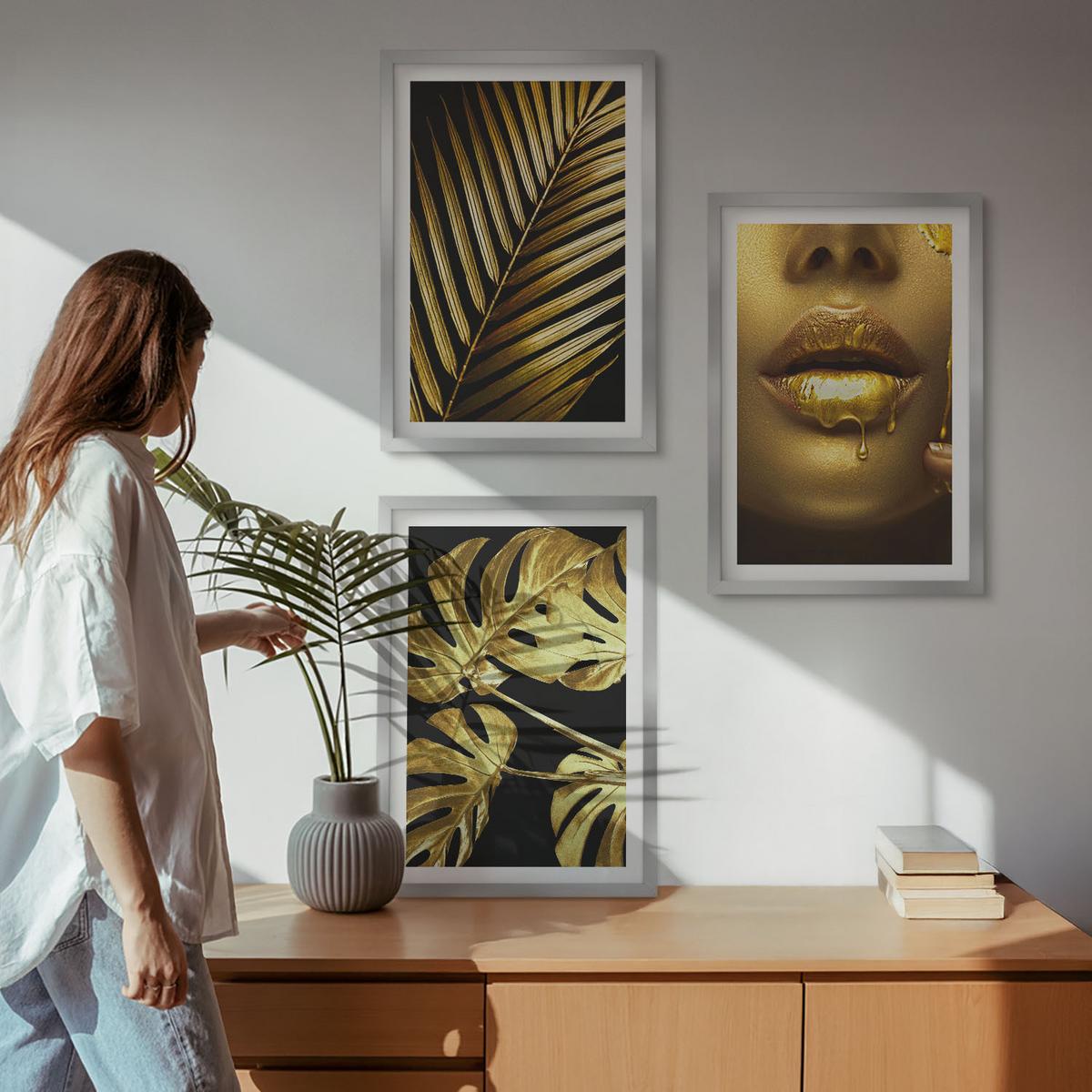 BILDER SET 3er Set - 40x60 cm Silberner Rahmen - Mund einer Frau mit Monstera-Palme - Silberfarben, Kunststoff (40/60cm) - TULUP