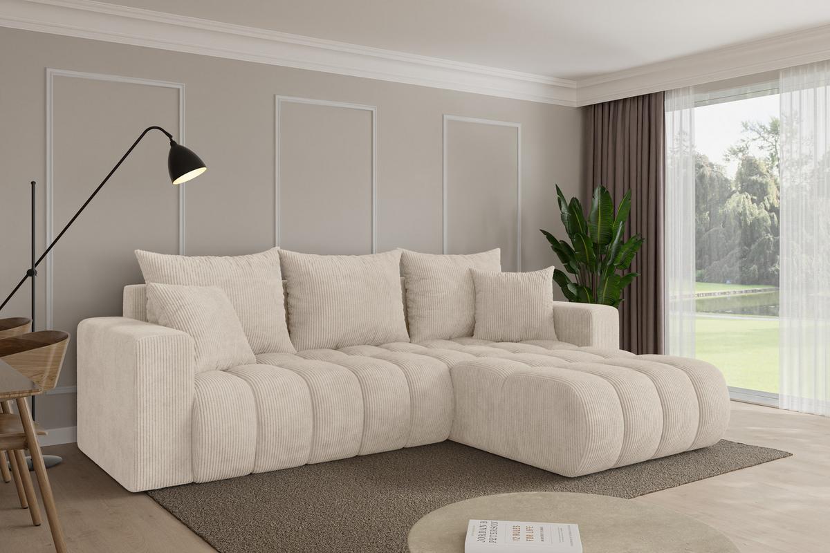 ECKSOFA mit Schlaffunktion Ottomane Rechts MILA-L-v1 277x195x86 Beige Cord - Beige/Schwarz, Holzwerkstoff/Kunststoff (277/194cm) - ALTDECOR