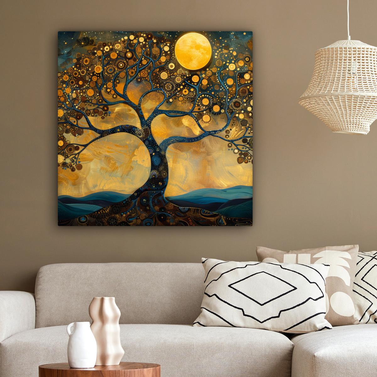 LEINWANDBILD Baum - Mond - Blumen - Gold - Kunst Deko Groß 90x90 cm - Orange, Textil (90/90cm) - MuchoWow