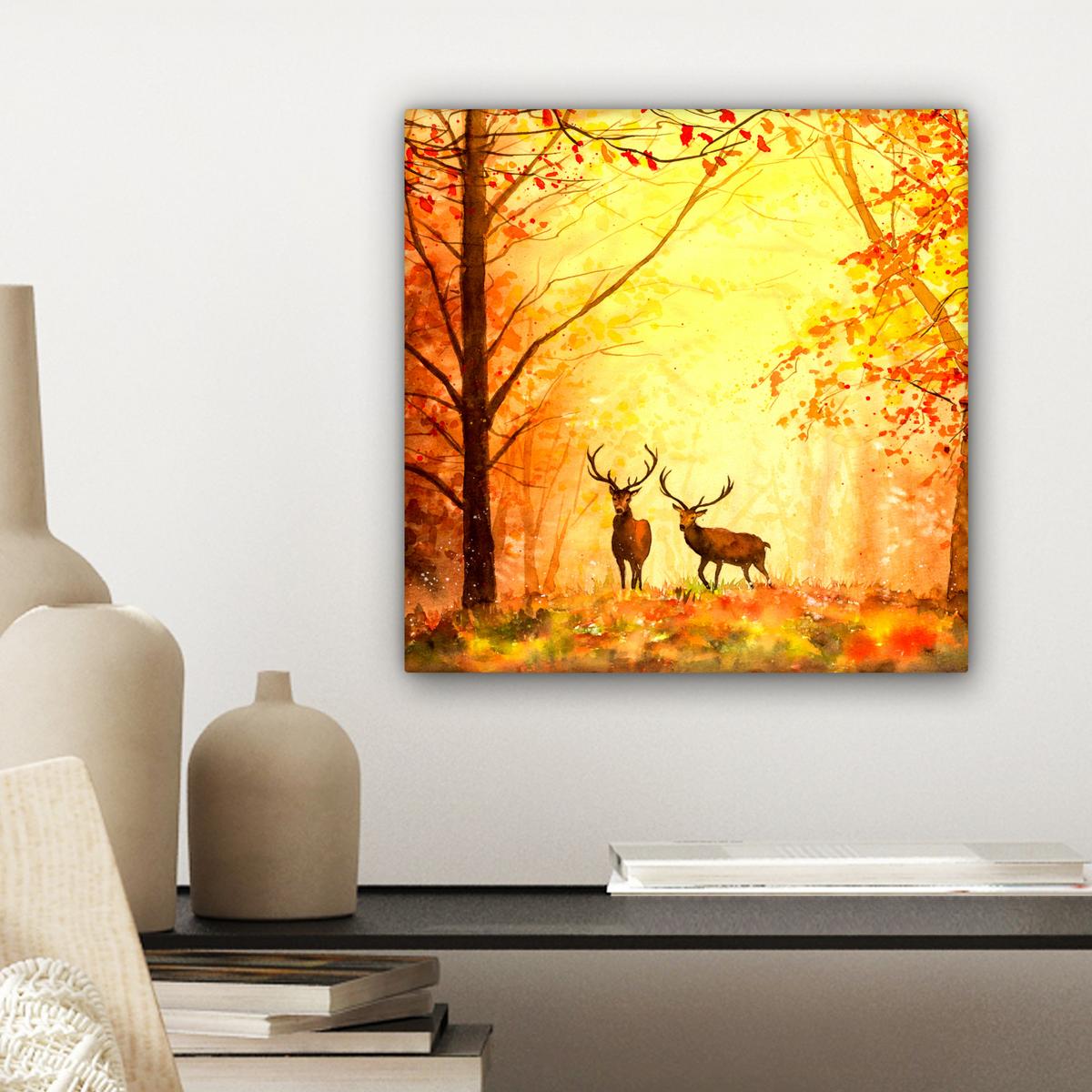 LEINWANDBILD Natur - Ölfarbe - Hirsche - Tiere - Herbst - Orange Deko Wohnzimmer 20x20 cm - Orange, Textil (20/20cm) - MuchoWow