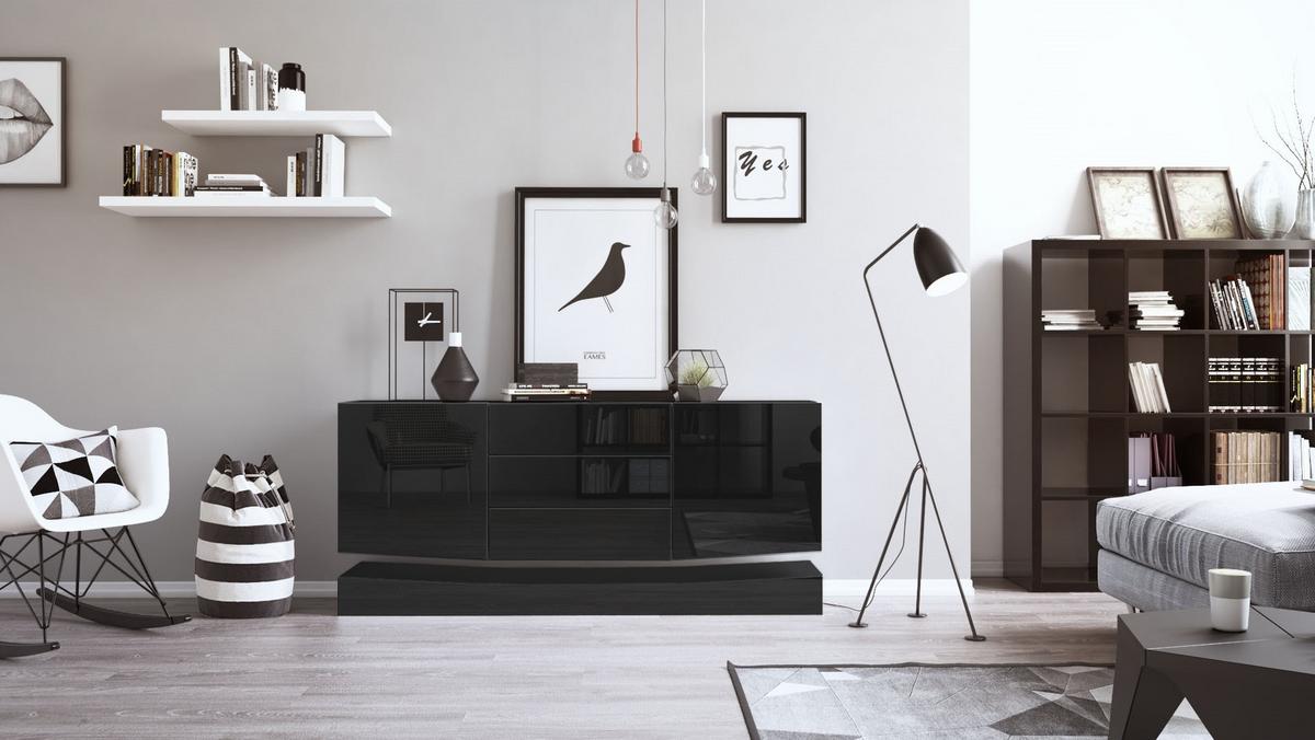 SIDEBOARD City Fronten in Schwarz Hochglanz - Schwarz Hochglanz, Holzwerkstoff (178/82/39cm) - Vladon