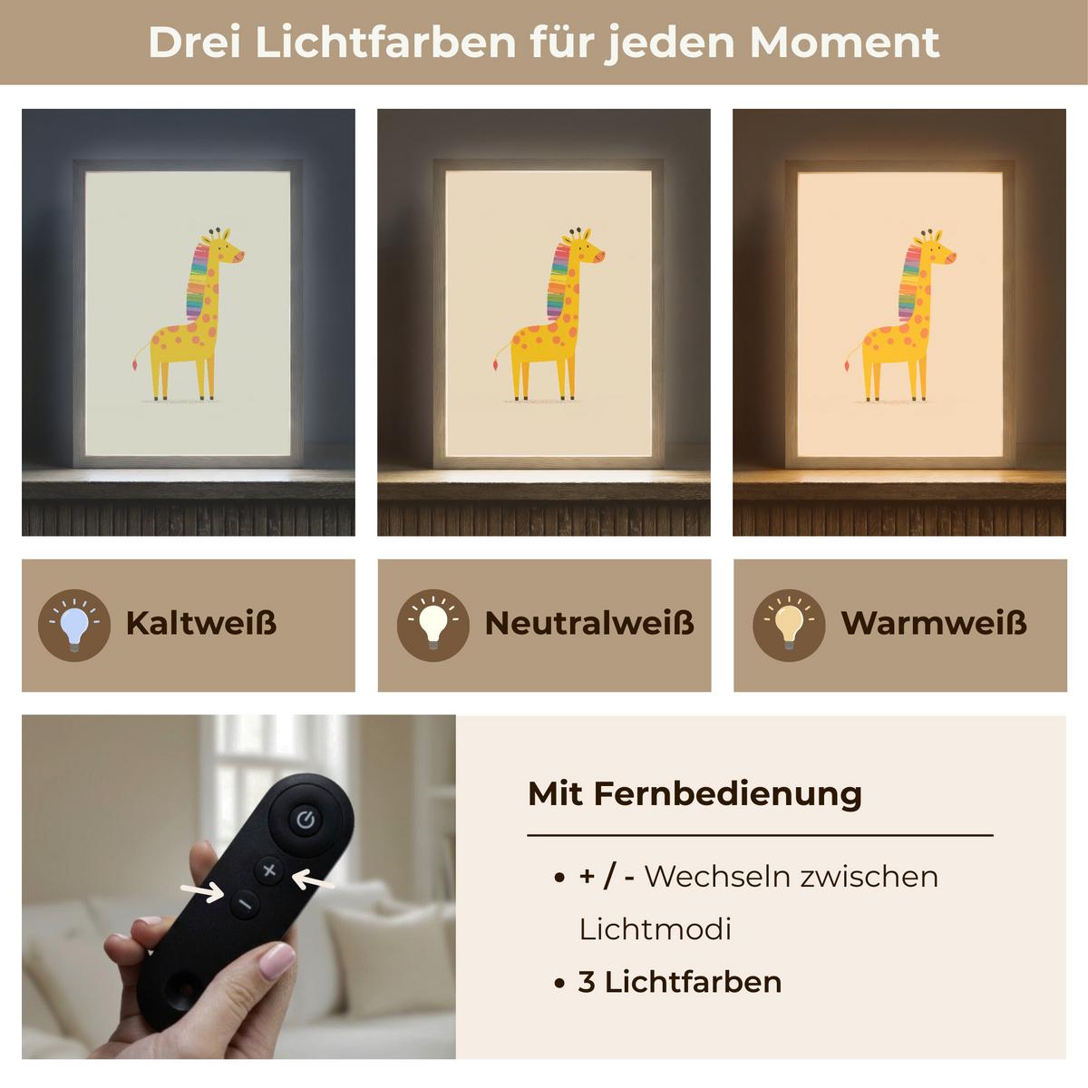 WANDLEUCHTE MIT AKKU Giraffe - Regenbogenmähne - Beige 30x40 cm - Beige, Holzwerkstoff (30/40/8cm) - OnlyWow