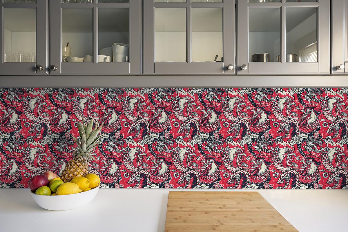 SELBSTKLEBENDE Wandfliesen 9 Stück 30x30 cm - Die Schlange und der Hahn - Rot, Textil (30/1.6/30cm) - TULUP