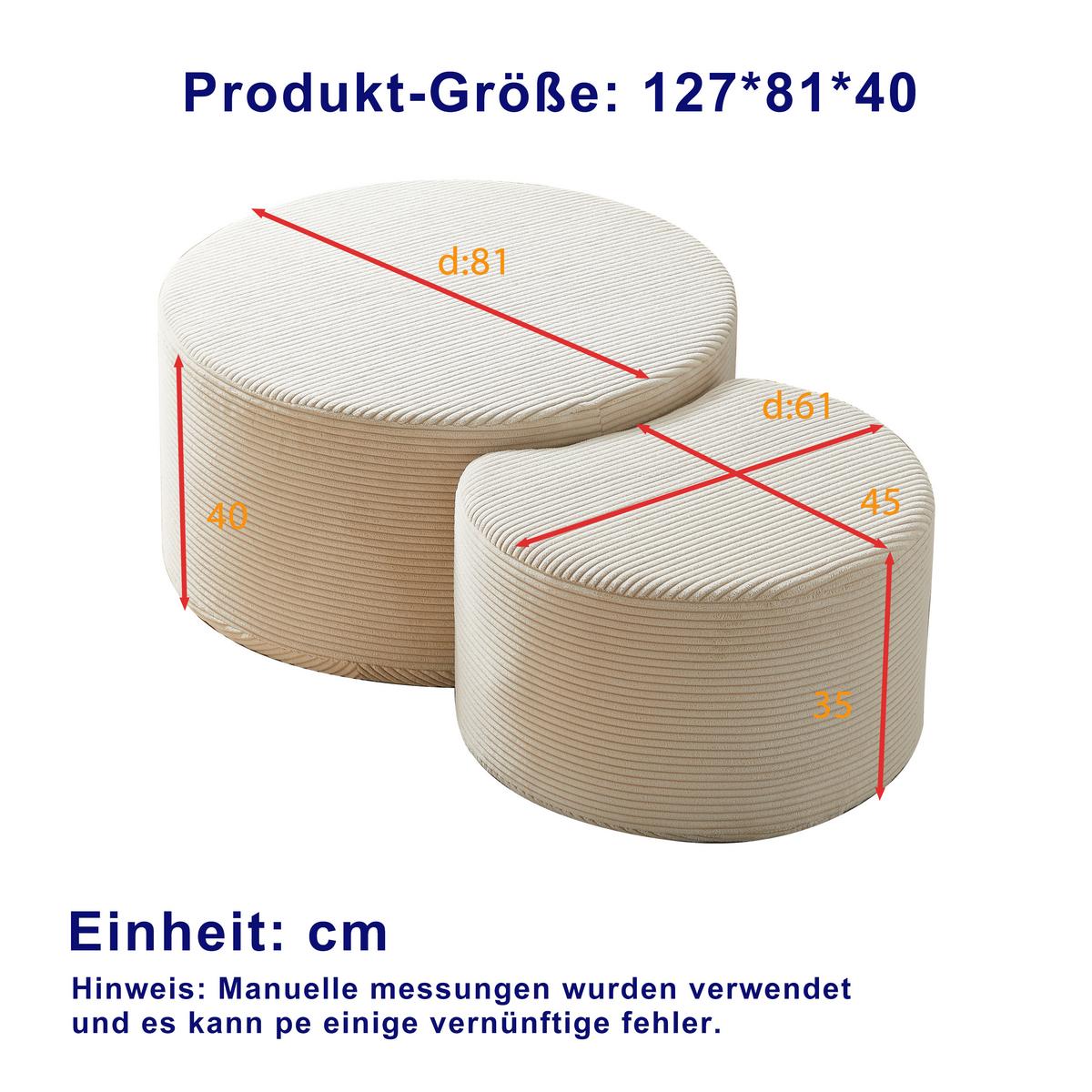 COUCHTISCH 2er Set Rund Gepolsterter Montagefrei - Schwarz, Textil (81/81/40cm) - Urban Meuble